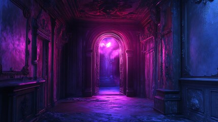 Naklejka premium Mysterious hallway illuminated with neon hues and arched doorway, leading into fog