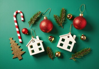 High-res flat-lay of assorted Christmas ornaments on matte green background: candy cane, red and gold baubles, fir sprigs, bells.