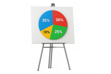 Pie chart presentation on easel showing percentages for data analysis and business statistics on transparent background