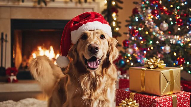 Golden happy retriever wearing Santa hat by Christmas tree with presents  