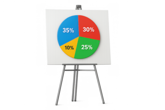 Pie chart presentation on easel showing percentages for data analysis and business statistics on transparent background