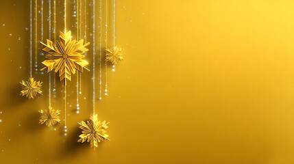 A festive golden background with shimmering snowflake ornaments gently falling to create a warm and elegant holiday atmosphere