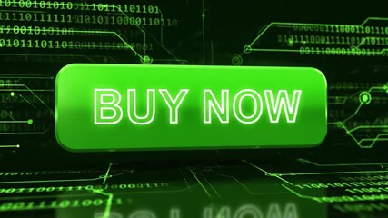 Buy now button glowing green digital background with binary code and circuit lines showcasing futuristic technology and online shopping digital transaction concept for e commerce promotion