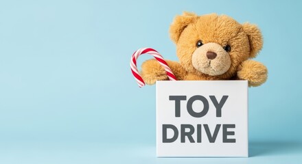 Cute brown teddy bear holding a candy cane peeking over a toy drive sign promoting charitable giving