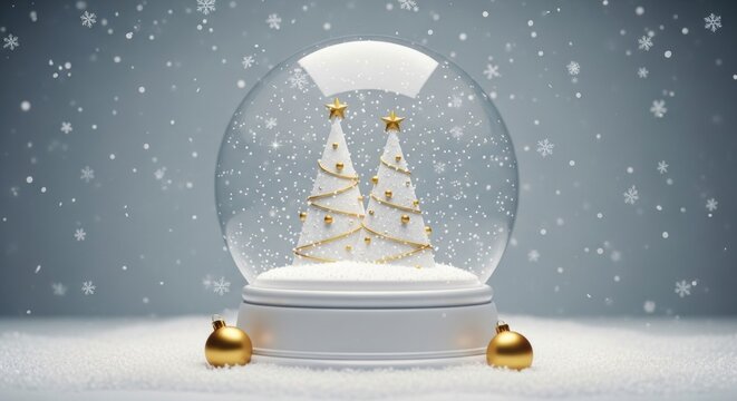 A charming snow globe containing two elegant white Christmas trees and sparkling snow for the festive holidays - Powered by Adobe