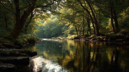 Serene river landscape with lush greenery and sun-dappled trees reflecting in tranquil waters at dawn in a peaceful natural setting