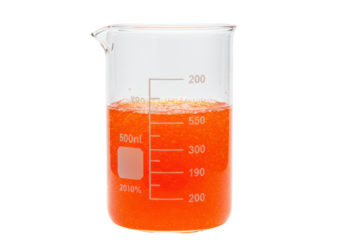 Isolated glass laboratory beaker containing orange liquid for scientific research use