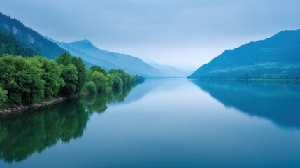 Naklejka premium Serene Landscape with Calm River and Misty Mountains Under Soft Blue Sky in Early Morning Light at Tranquil Scenic Destination