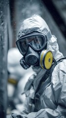 Workers in protective suits and gas masks conduct safety operations in a hazardous environment during the day