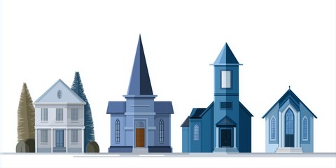 Fototapeta premium Diverse architectural styles of historic churches and houses in blue hue