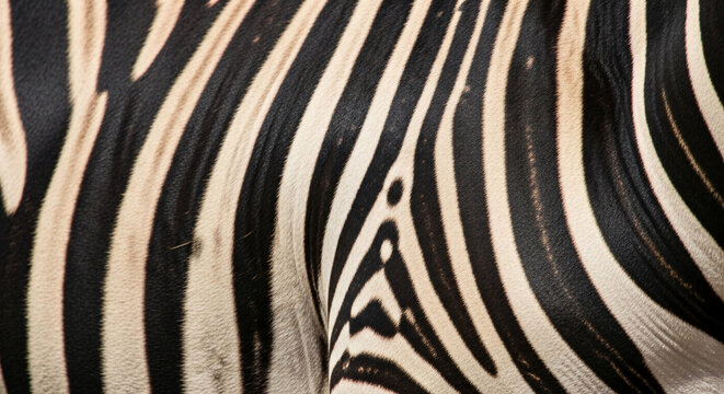 Close-up of a zebra's skin with black and white stripes. The texture highlights a unique pattern, representative of nature's distinctive design - Powered by Adobe