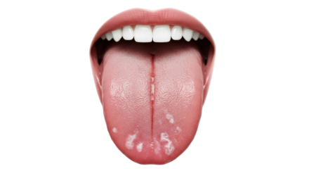 Isolated tongue with white patches, a sign of oral thrush or yeast infection infection