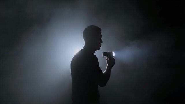 Silhouette of a man holding a flashlight, illuminating a path through darkness and fog.