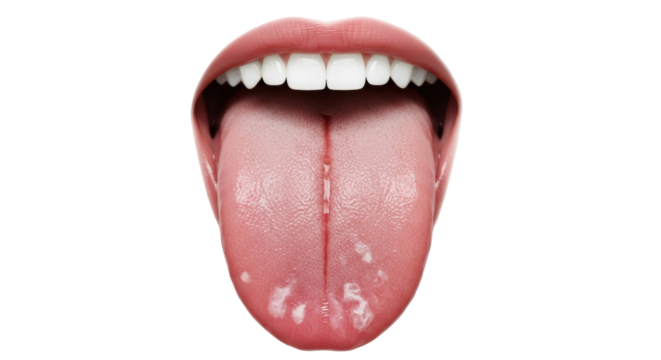Isolated tongue with white patches, a sign of oral thrush or yeast infection infection