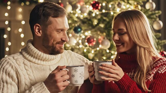 Couple sharing warm drinks by Christmas tree with festive lights  