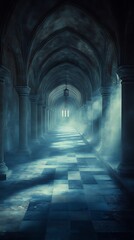 Obraz premium Enigmatic corridor with arches and a faint light, a journey through history