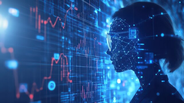 Woman silhouette with digital interface overlay and stock market data visualization on screen view
