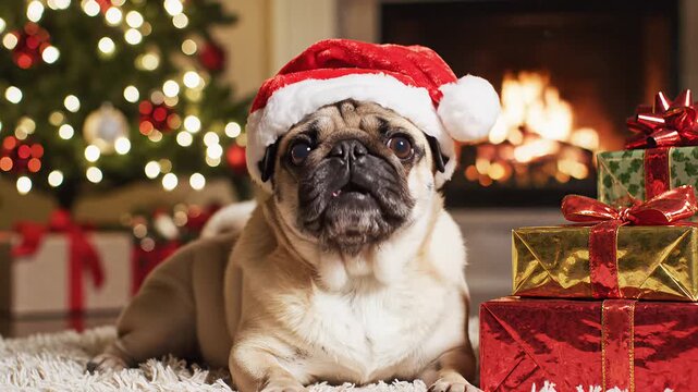 Cute pug dog wearing Santa hat near Christmas tree and gifts  