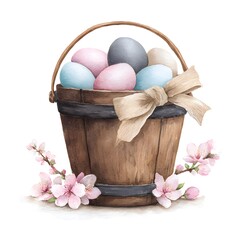Watercolor illustration of rustic wooden bucket with pastel Easter eggs and pink cherry blossoms, vintage spring holiday decoration art