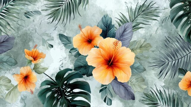 Fototapeta Watercolor style tropical floral arrangement features vibrant orange blossoms set against muted foliage background