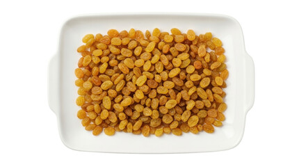 Isolated, golden raisins piled on a white square plate, healthy dried fruit snack option