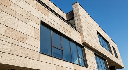 Modern architecture facade of a building with glass windows and stone design outdoors