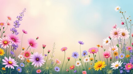 Vibrant spring wildflowers blooming under a soft pastel sky.