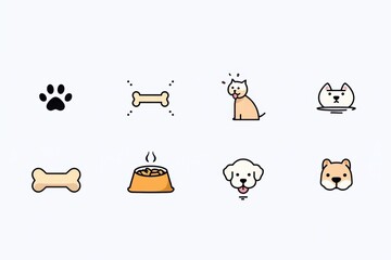 Dog and pet related line art icons featuring bones and paw prints