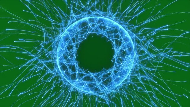 Dynamic blue energy particles forming a luminous ring against a vibrant green background