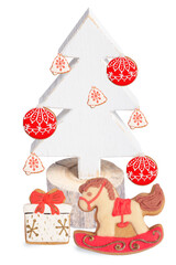 Isolated wooden white Christmas tree decorated with gingerbread cookies, Christmas tree decoration on white background, Christmas holiday, sustainability concept, copy space