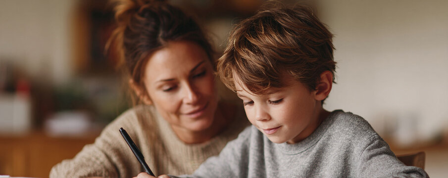 Warm image of a mother helping her son with homework. Perfect for depicting education, learning, family time, support, and bonding.