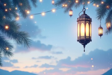 Ornate lanterns and star lights hang from pine branches at sunset