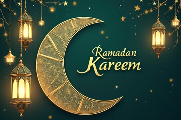 Ramadan kareem greeting with golden moon, lanterns, and stars
