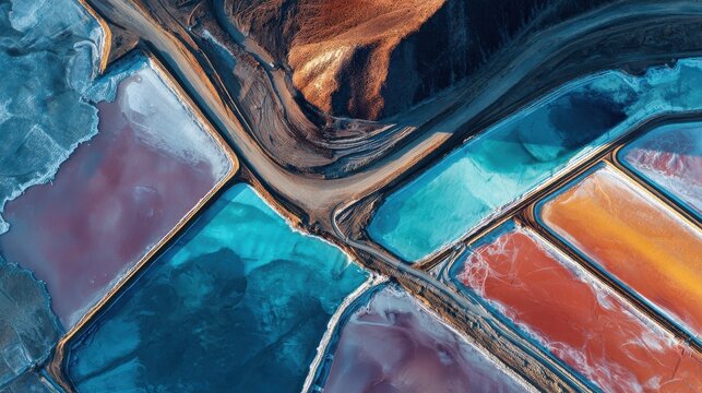 aerial view of mineral mining evaporation ponds industrial landscape with brine pools reflects sunset light eco tech for lithium extraction in desert mountains critical raw material for electric