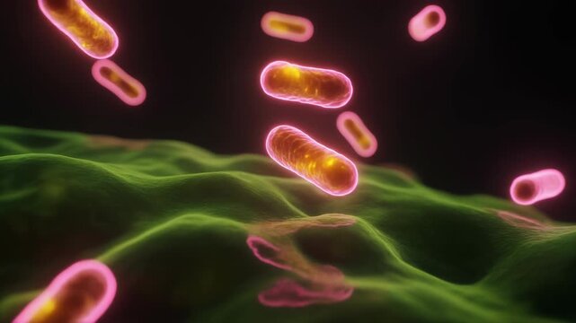 Cinematic microscopic view of glowing pink bacteria moving across a textured green surface, depicting microbial activity and intricate biological processes within a living ecosystem