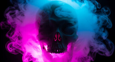 A skull shrouded in vibrant, swirling smoke, glowing with ethereal colors and set against a dark, mysterious background, creating a surreal and haunting atmosphere Illustration | Ethereal Horro