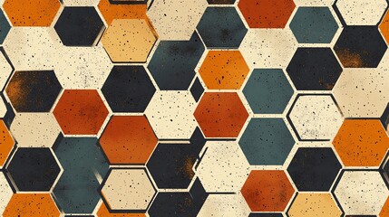 Detailed seamless background featuring a modern geometric honeycomb pattern, showcasing orange, beige, black, and green hexagons with a speckled texture, ideal for use in various design projects.