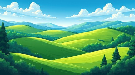Idyllic green rolling hills landscape, blue sky, and fluffy cloudscape.