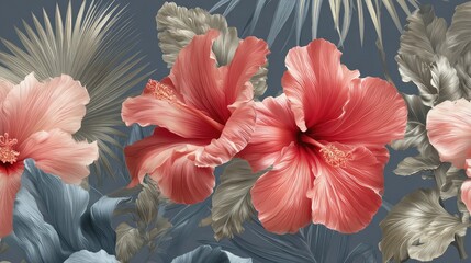 Vibrant coral hibiscus blossoms richly decorate a dark moody tropical foliage background