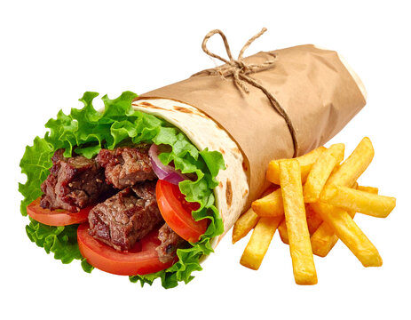 Delicious wrap with beef, tomatoes, lettuce, & fries, tied with twine, on black background