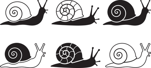 Snail Silhouette Vector Set Collection of Black and White Shell Illustrations.