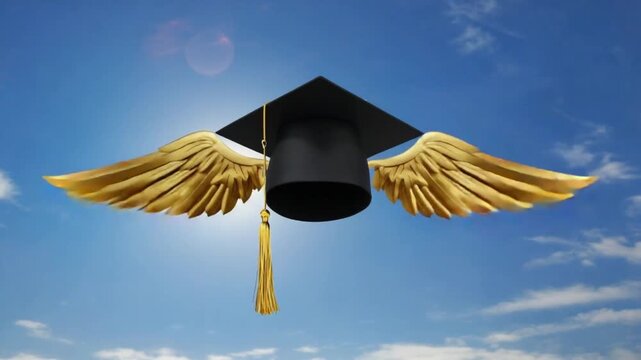 Graduation cap with wings.