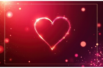 Glowing neon heart frame with sparkling particles on red gradient