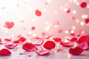 Red rose petals falling, heart-shaped bokeh, romance celebration