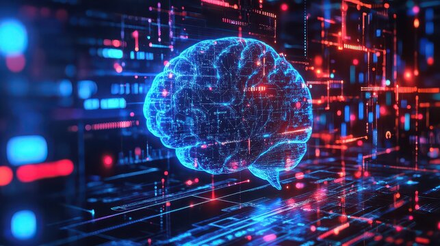 Glowing brain hologram floating above a circuit board with red and blue light effects visible