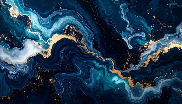 Abstract swirling liquid art with shades of blue, teal, gold, and white - Powered by Adobe