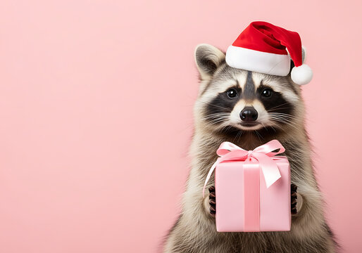 A cute raccoon wearing a Santa hat and holding a gift, set against a soft pink flat background. The design features plenty of blank space, making it perfect for New Year and Christmas themes. animal