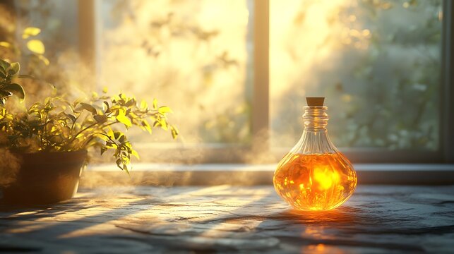Golden elixir bottle with sunlight and botanical elements indoor by the window