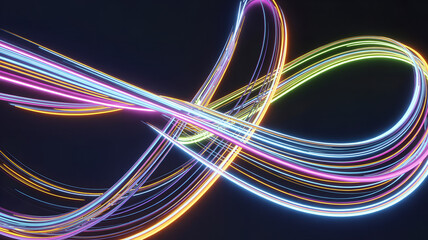 Abstract swirling colorful light trails creating an infinity loop shape against a dark background symbolizing motion and energy