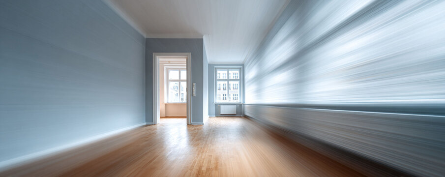 Abstract motion blur of a bright, empty room with hardwood floors. Evokes speed, transition, and new beginnings. Perfect for real estate, change, or modern design concepts.